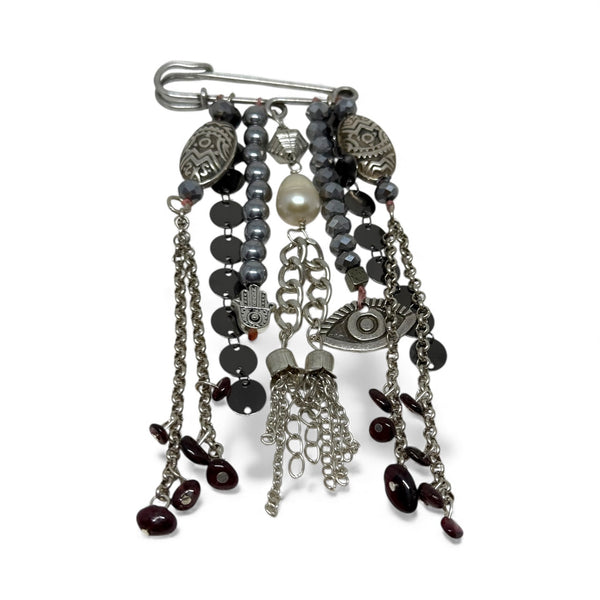 Artisan Statement Safety Pin Brooch | Freshwater Pearl & Garnet Inamullumani