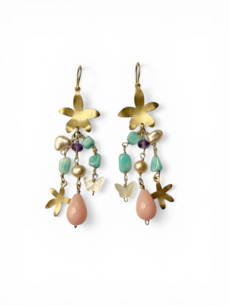 Gold and multicolored stone earrings on a white background inamullumani wearable art