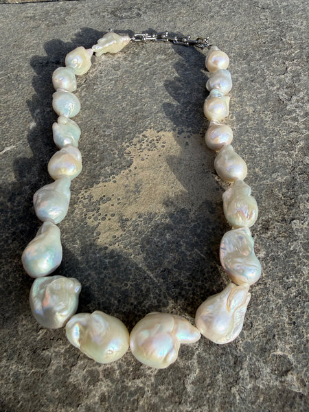 Chunky white baroque fireball pearl statement necklace with silver-toned paperclip clasp
