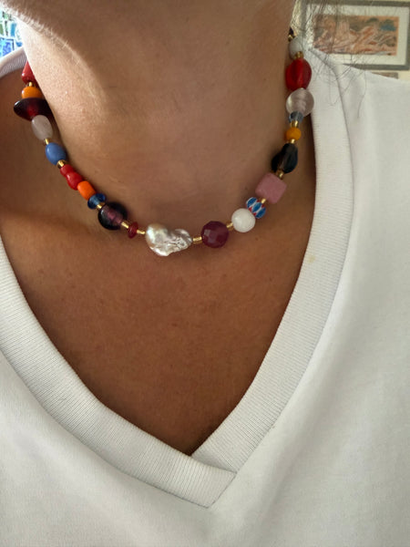 Colorful Glass Bead Necklace with Baroque Pearl | Inamullumani