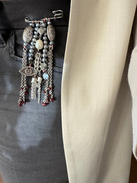 Artisan Statement Safety Pin Brooch | Freshwater Pearl & Garnet Inamullumani