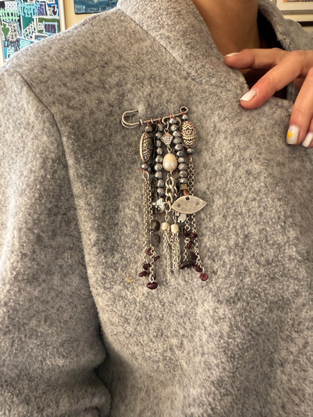 Artisan Statement Safety Pin Brooch | Freshwater Pearl & Garnet Inamullumani