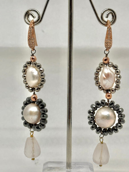Baroque Pearl and Hematite Long Earrings