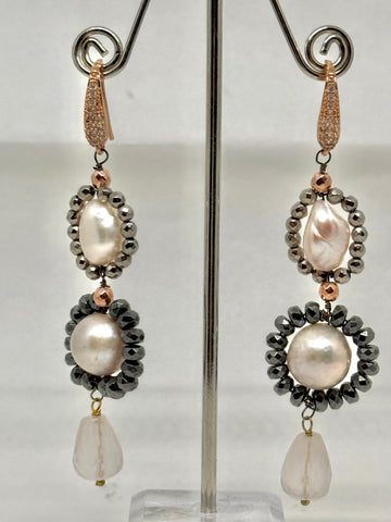 Baroque Pearl and Hematite Long Earrings