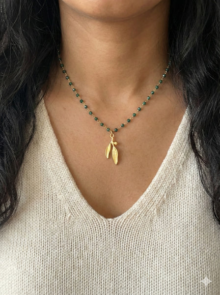 Gold Olive Leaf Pendant Necklace with Green Agate Rosary Chain