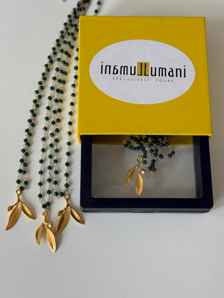 Gold Olive Leaf Pendant Necklace with Green Agate Rosary Chain