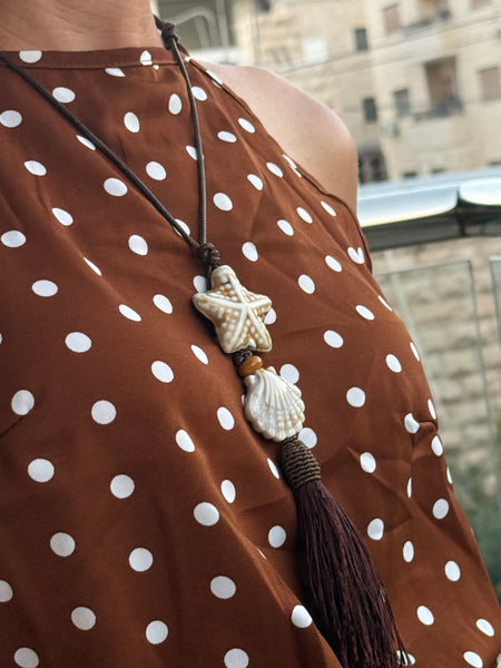 Ceramic Shell & Boho Tassel Adjustable Necklace