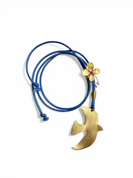 Peace of Mine Dove Necklace in Ocean Blue – Adjustable cord with brass dove and pearls.