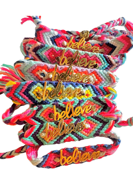 Colorful friendship bracelets in pink red blue and purple woven threads funky bracelets with gold metal positive words adjustable  words be