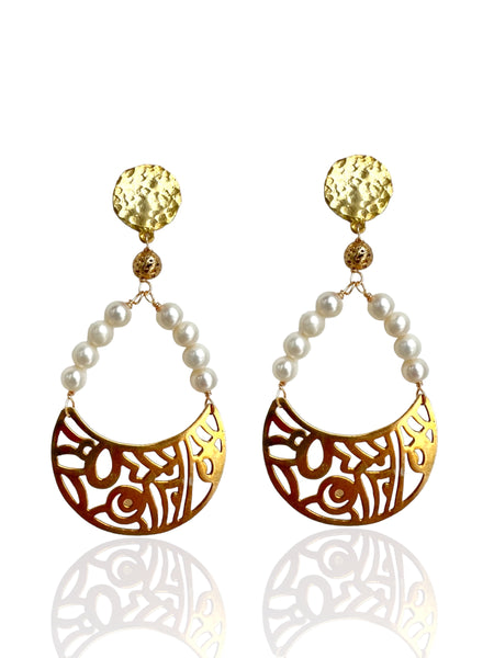 White Pearl earrings with crescent shape sterling silver and 18k gold plated 