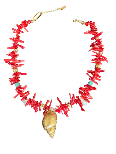 Red Coral necklace with gold shell pendant and keshi pearls inamullumani luma Qusus awad jewelry unique necklace 