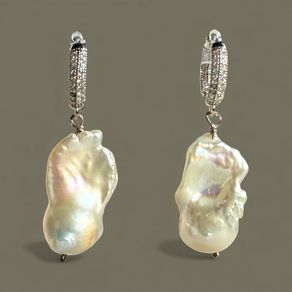 Silver Zirconia Baroque Pearl Hoops Earrings - Handmade Statement Jewelry