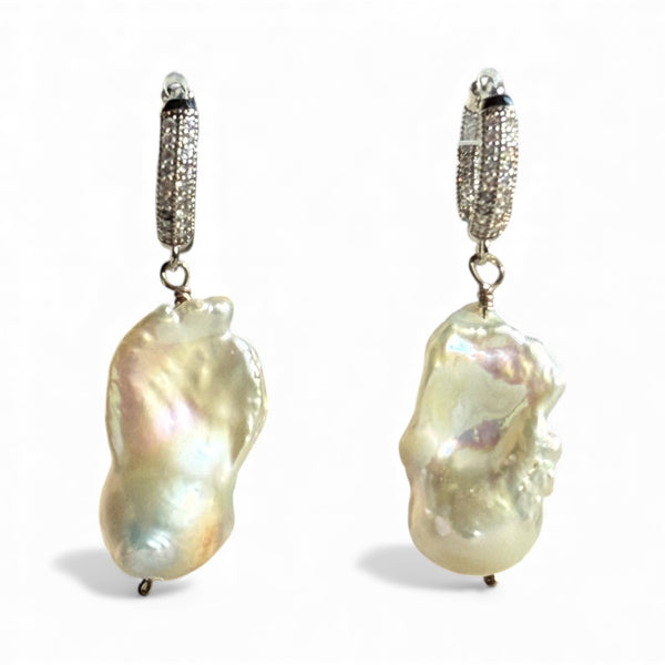 Silver Zirconia Baroque Pearl Hoops Earrings - Handmade Statement Jewelry
