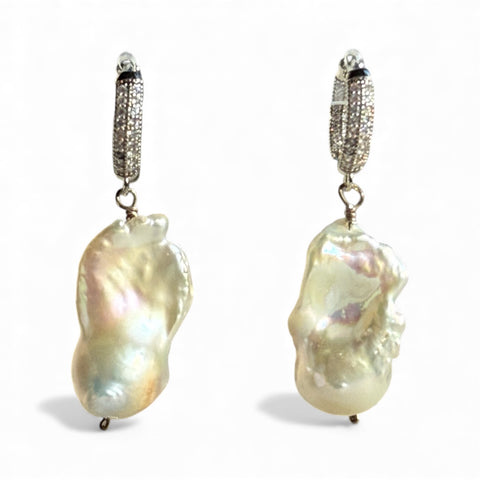 Silver Zirconia Baroque Pearl Hoops Earrings - Handmade Statement Jewelry