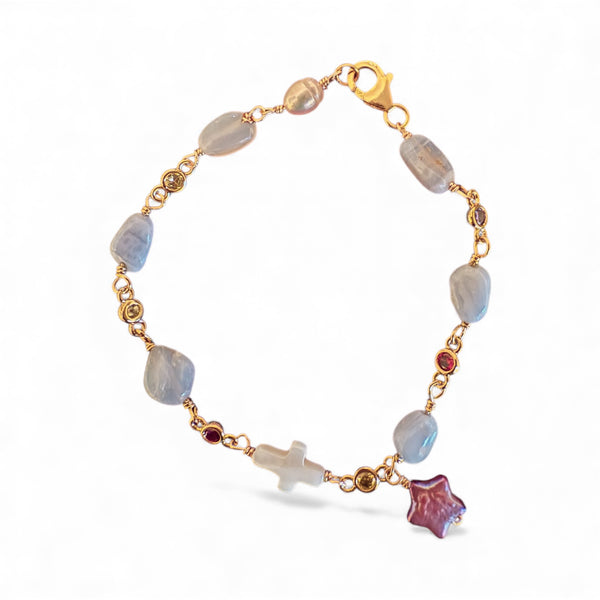 Guided by Grace" Bracelet – Blue Lace Agate & Pearl Cross
