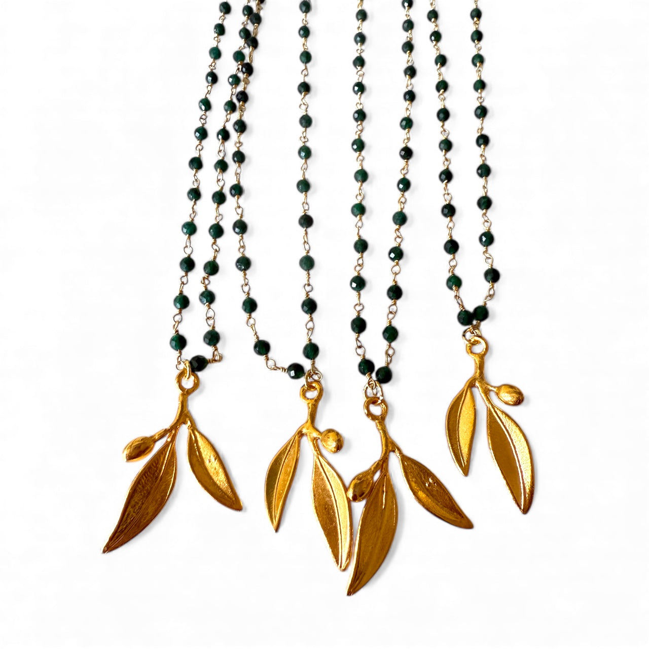 Gold Olive Leaf Pendant Necklace with Green Agate Rosary Chain