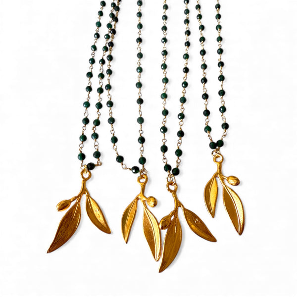 Gold Olive Leaf Pendant Necklace with Green Agate Rosary Chain