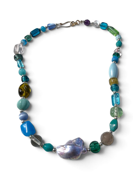 Colorful Glass Bead Necklace with Baroque Pearl | Inamullumani