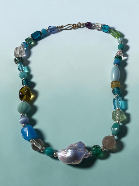 Colorful Glass Bead Necklace with Baroque Pearl | Inamullumani