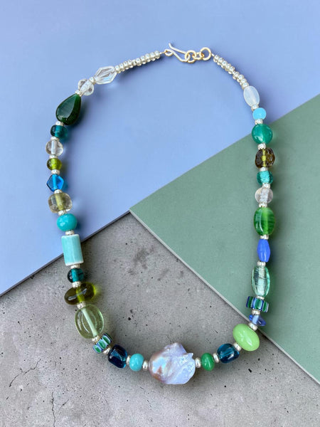 Colorful Glass Bead Necklace with Baroque Pearl | Inamullumani