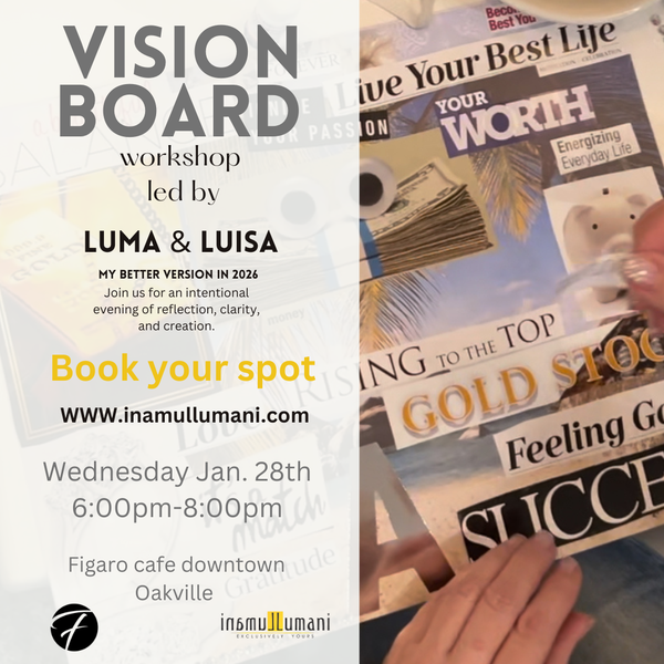 Advertisement for a 'Vision Board' 2026 Oakville workshop with promotional text and a newspaper clipping.