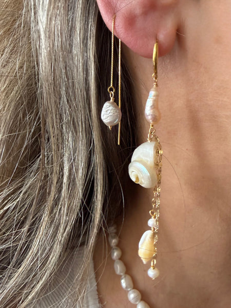 Pearl earrings being worn with a focus on the ear and hair.
