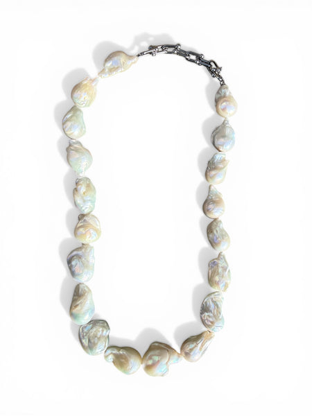 Chunky white baroque fireball pearl statement necklace with silver-toned paperclip clasp