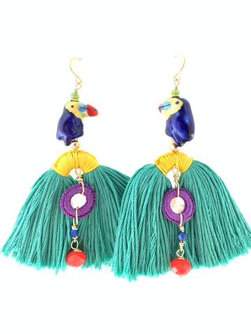 Tassel earrings with green hot pink and ceramic parrot bead handmade inamullumani 