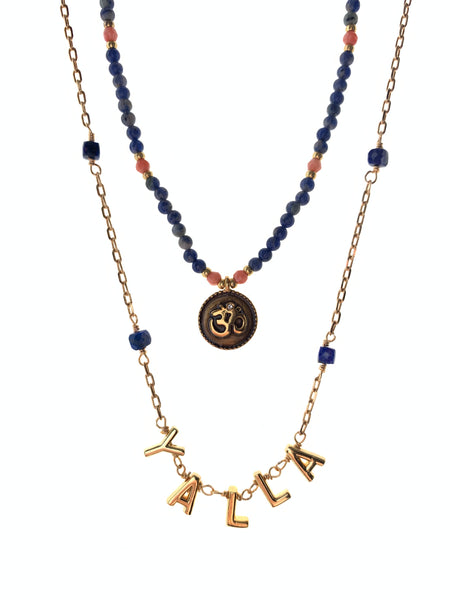 Layering necklaces gold plated lapis lazuli stones on pendant yalla letters inamullumani