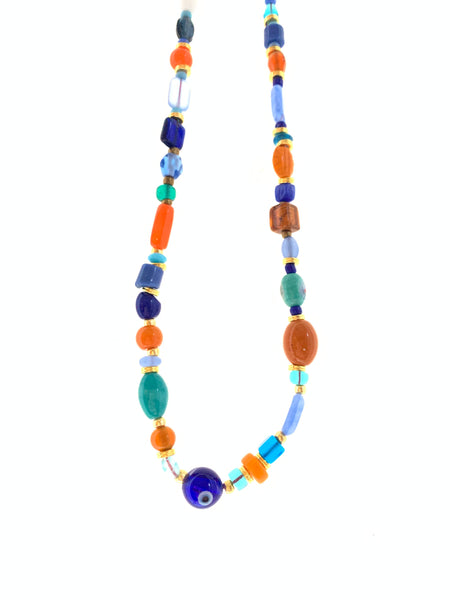 Colorful handmade glass beads necklace with evil eye charm 