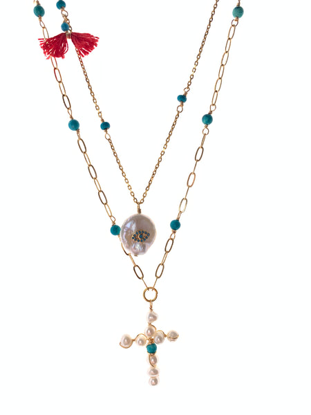 Layers necklace with pearl cross and evil eye over pearl inamullumani 