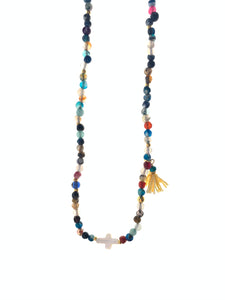 Dainty necklace Small coloured agate stones mother of pearl cross yellow tassel inamullumani 