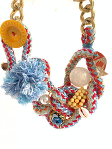 Statement handmade necklace with mixed material eye charm fish charm pompom blue yellow coral stones inamullumani 