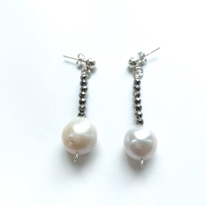 White baroque pearls and silver hematite stones earrings sterling silver handmade in Ontario 