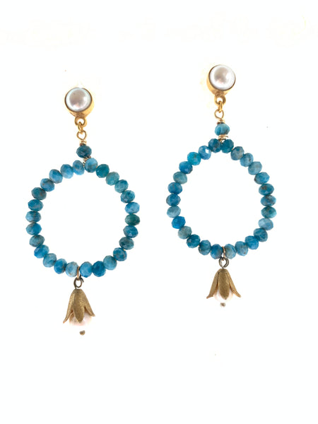 Round earring on white background apatite stones peals and tulips handmade of silver and gold plating. Inamullumani 