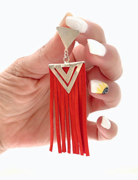 Recycled silver handmade earrings red leather tassels empowering women art to wear oakville business inspired jewelry Ontario Canada luma Qusus Awad inamullumani 
