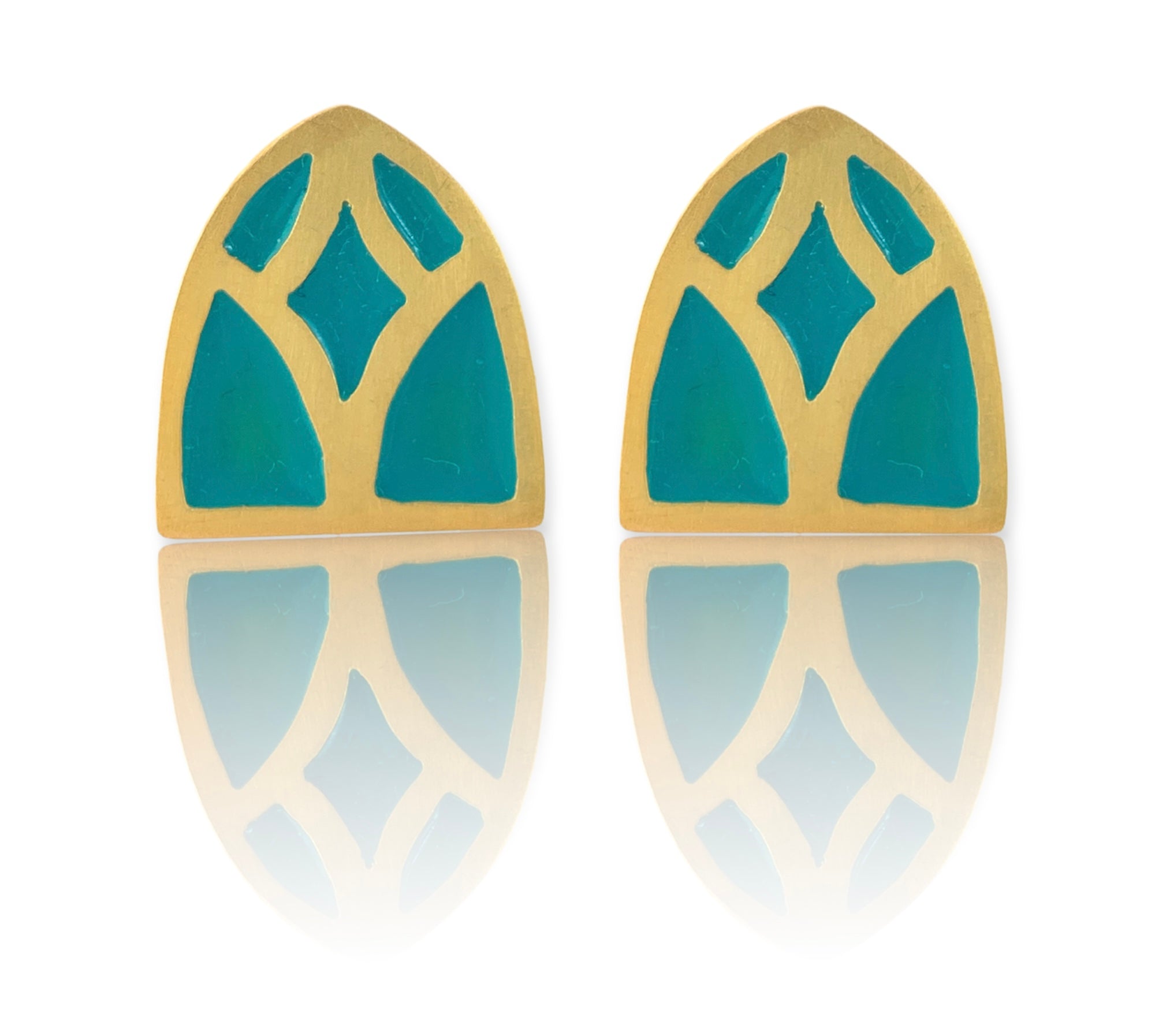 Turquoise enamel gold plated earrings handmade jewelry by Inamullumani Turquoise Mountain ethical Jewellery 