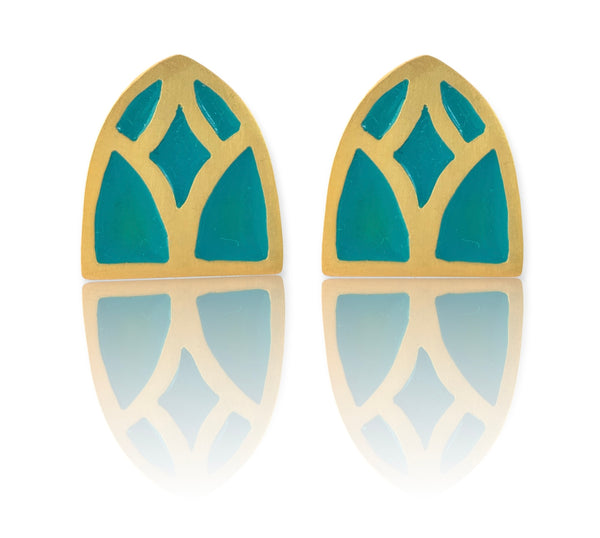 Turquoise enamel gold plated earrings handmade jewelry by Inamullumani Turquoise Mountain ethical Jewellery 