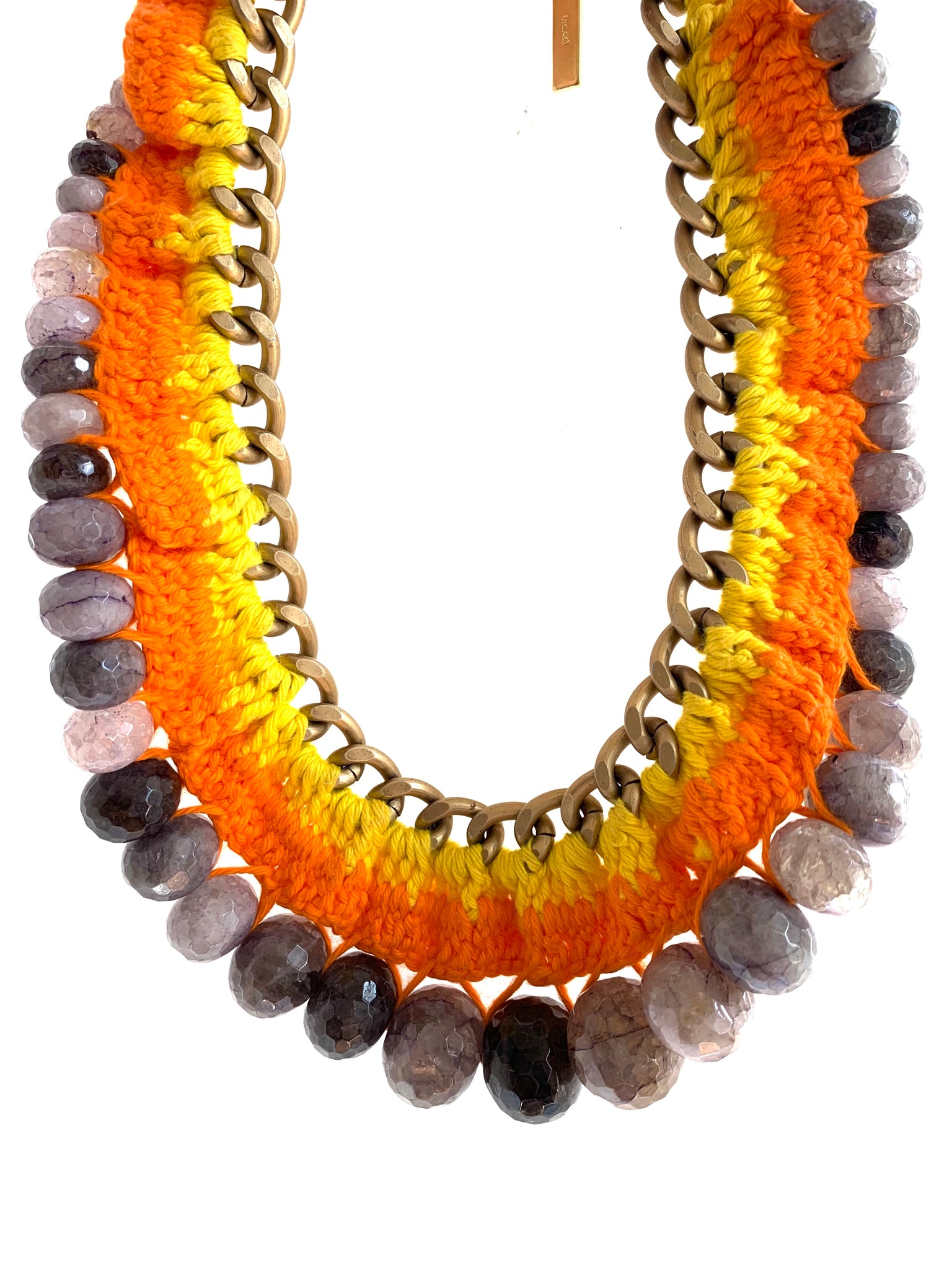 Handmade crochet necklace with purple stones yellow and orange cotton threads 