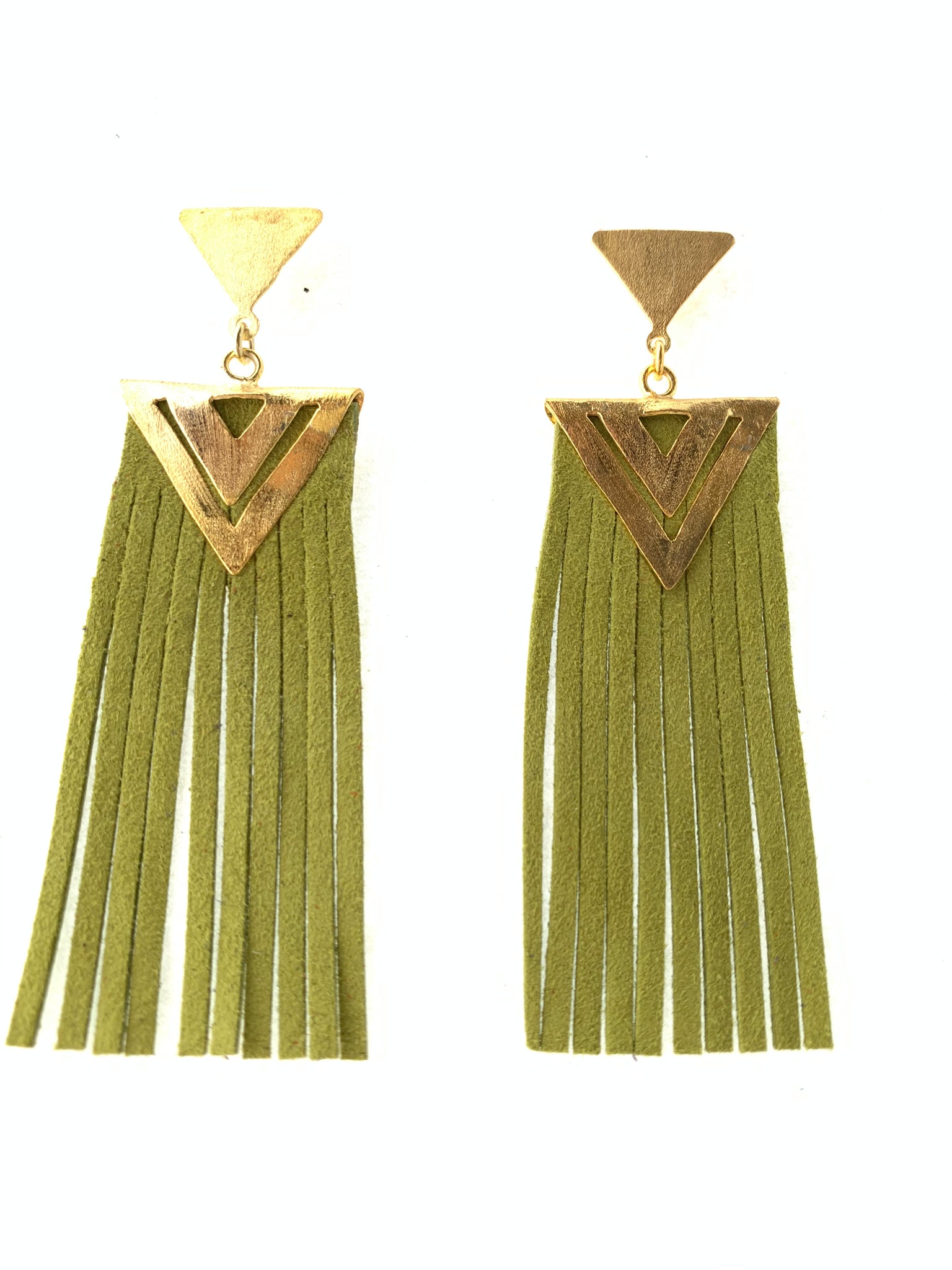 Triangle shape earrings gold plated recycled silver suede leather green earrings  inamullumani LUMA Qusus awad 