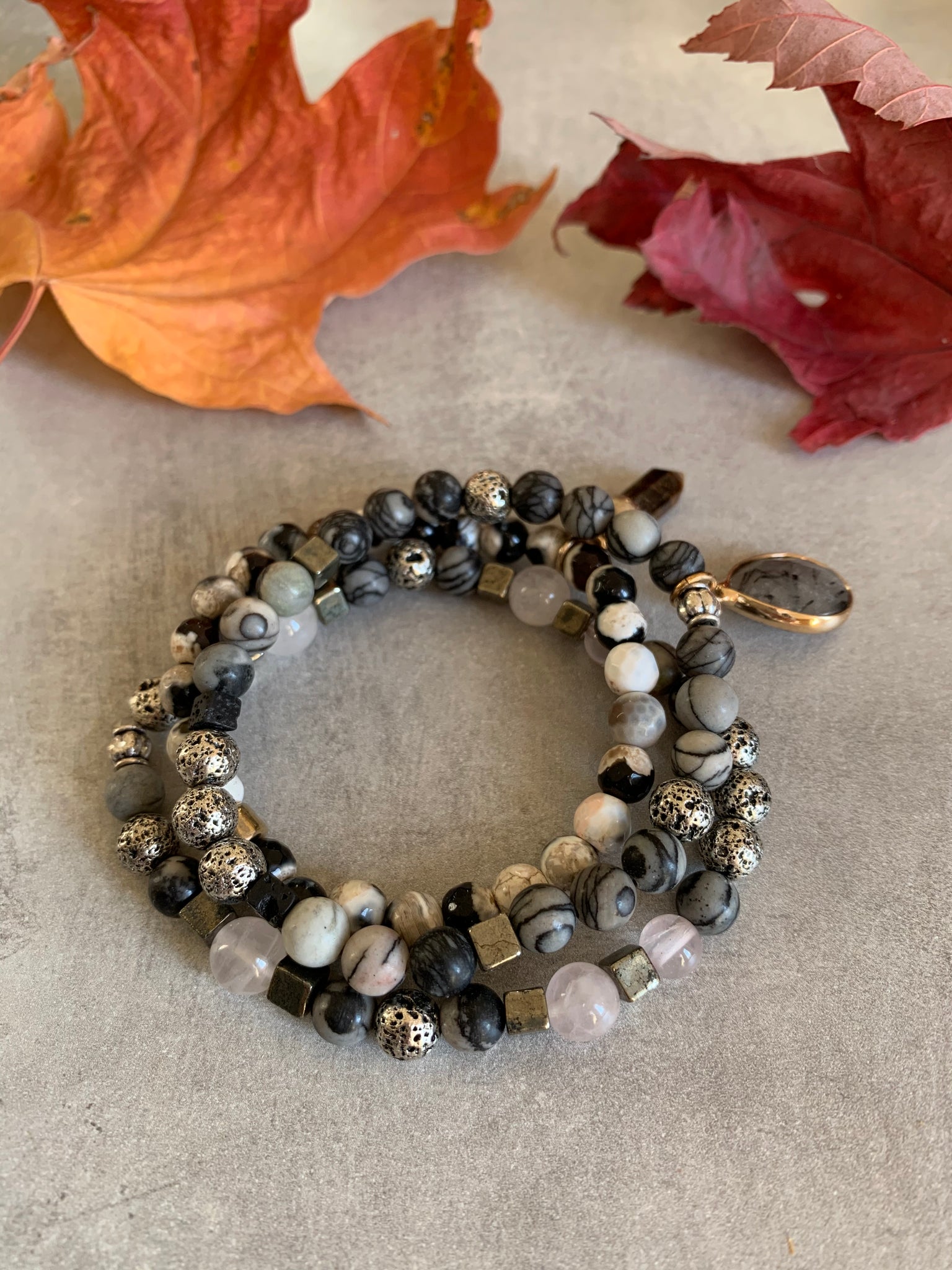 Pyrite agate and onyx stretch bracelets