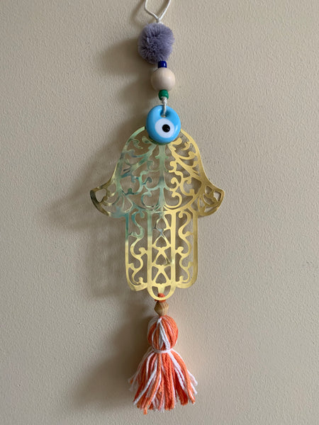 House charm hamsa hand protection and blessing wall hanging pompons wooden beads blue evil eye tassel