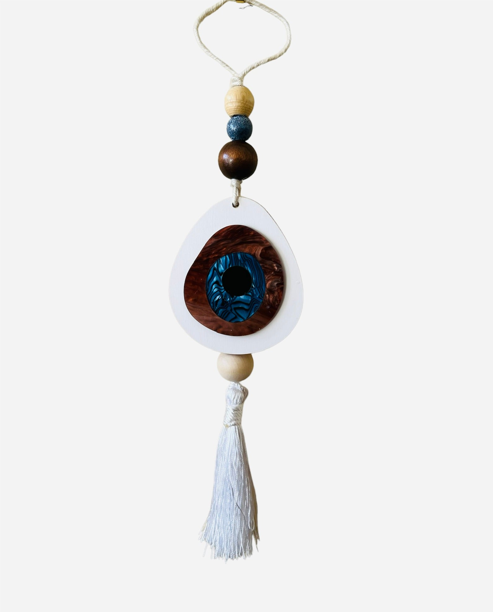 Wall hanging evil eye plexiglass eye with white tassel wooden and ceramic beads
