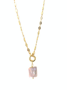 Rectangle white fresh water pearl with gold plated chain necklace 