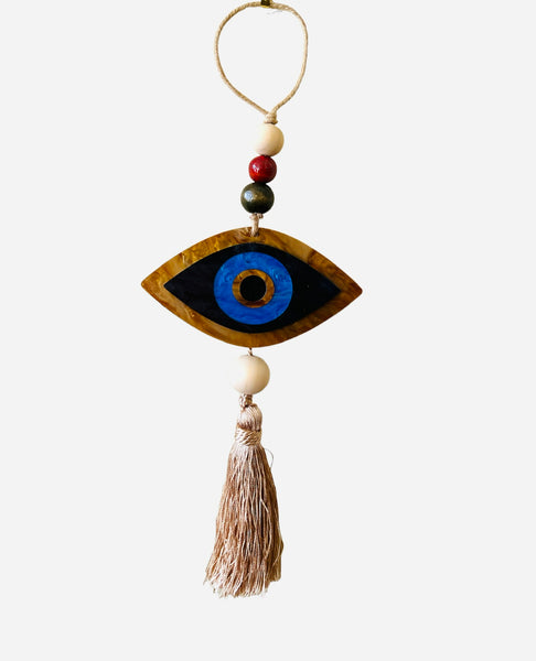 Evil eye house charm plexiglass eye with beige tassel wooden and ceramic beads 