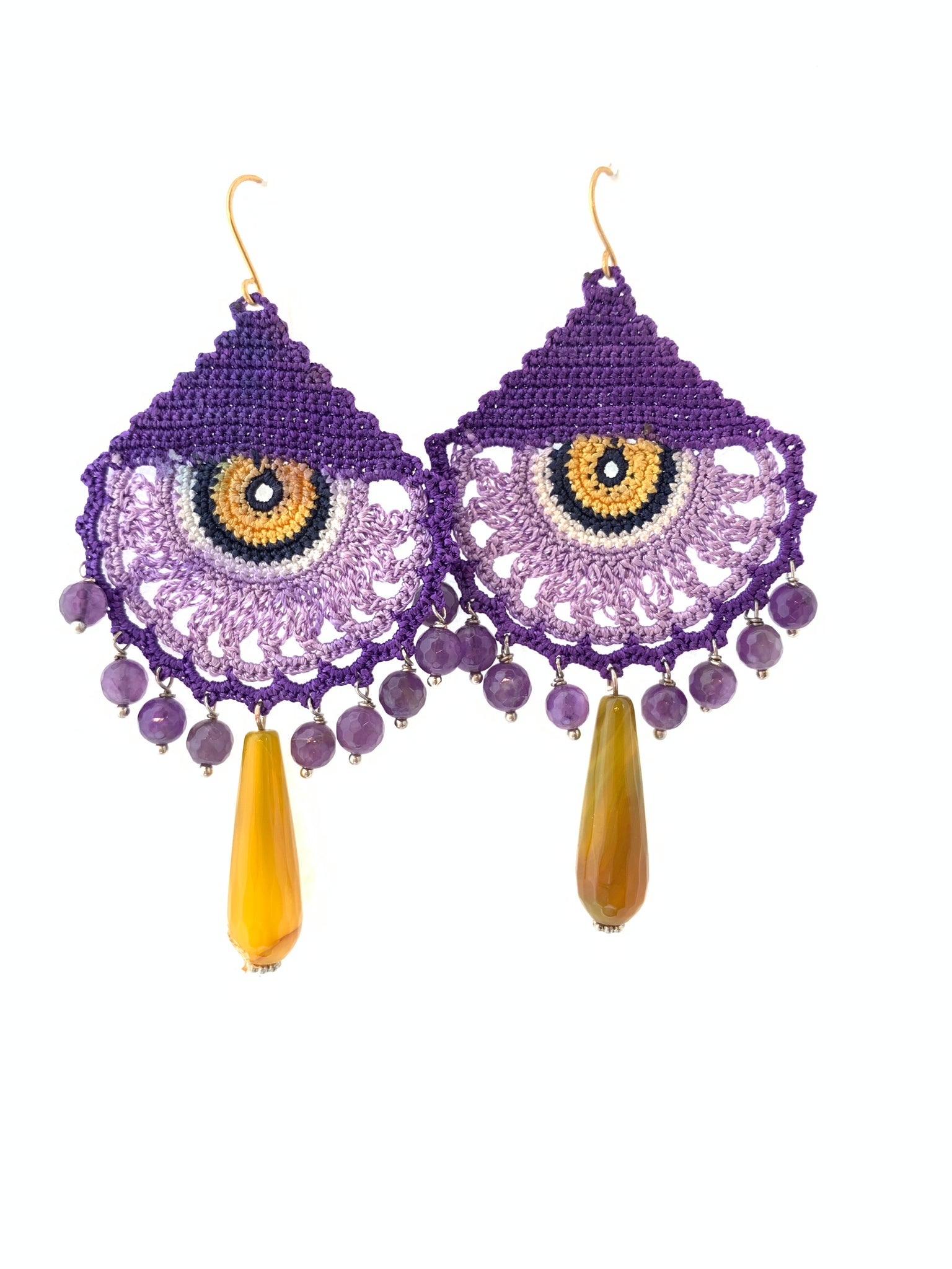 Earrings purple crochet handmade amethyst yellow agate inamullumani LUMA Qusus Awad 