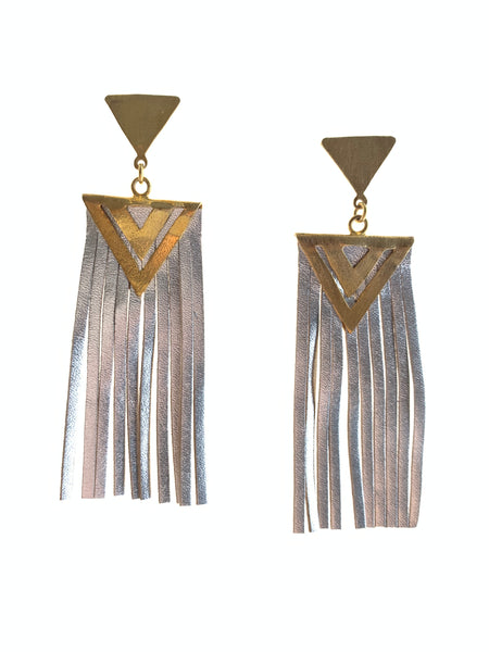 Handmade recycled silver and gold plated earrings tassel suede leather 