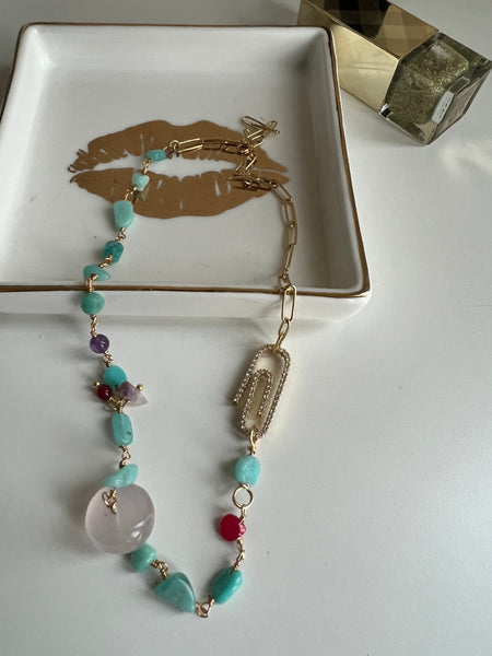 Dainty handmade necklace with amazonite stone and pink agate with paper clip closure with cubic zirconia 