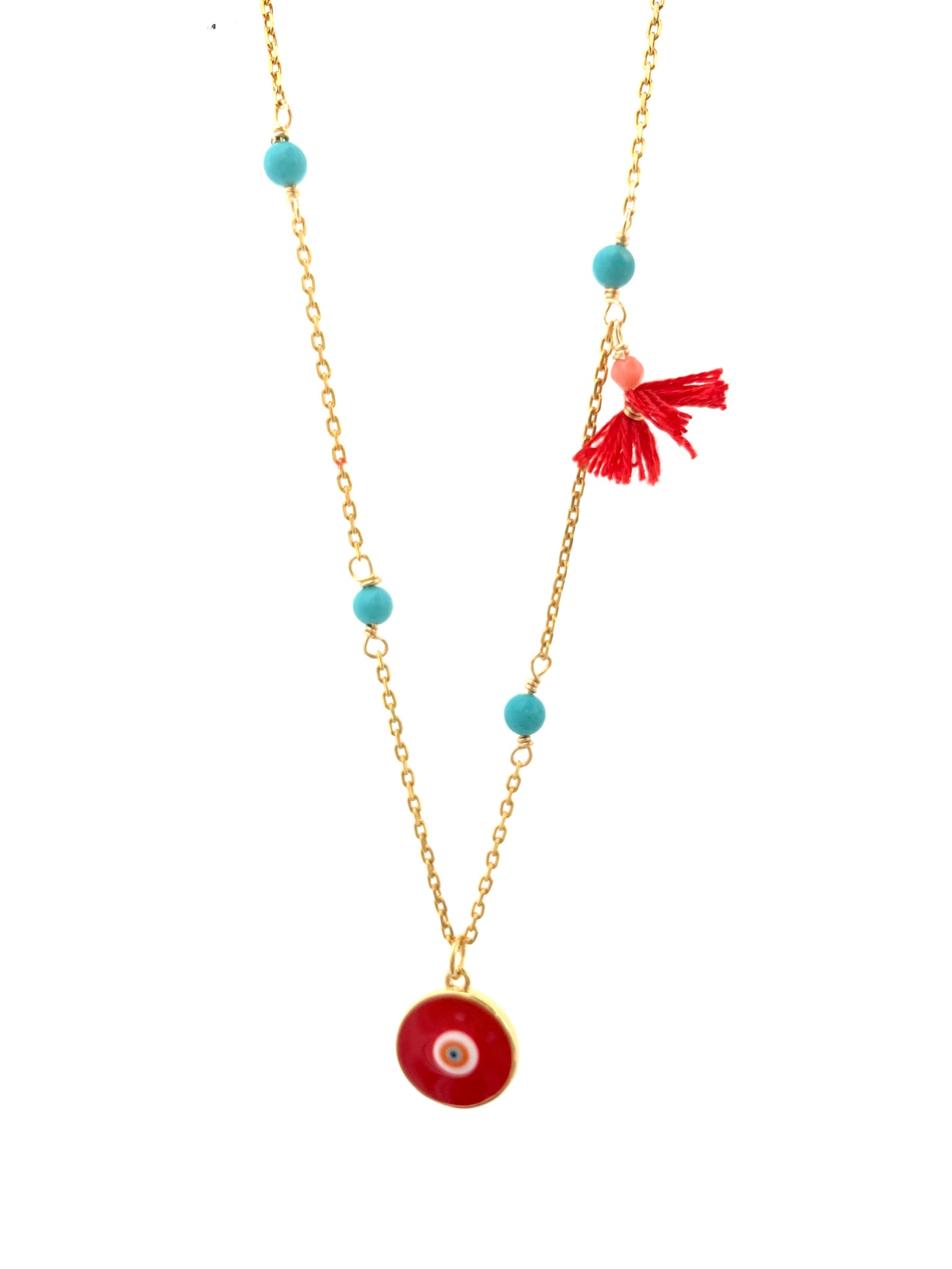 Turquoise stones red evil eye pendant gold plated chain necklace red tassel inamullumani LUMA Qusus awad